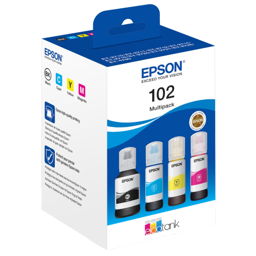 EPSON 102 ECOTANK MULTIPACK CONFEZIONE 4 FLACONI INCHIOSTRO NERO CIANO MAGENTA GIALLO 65 ML